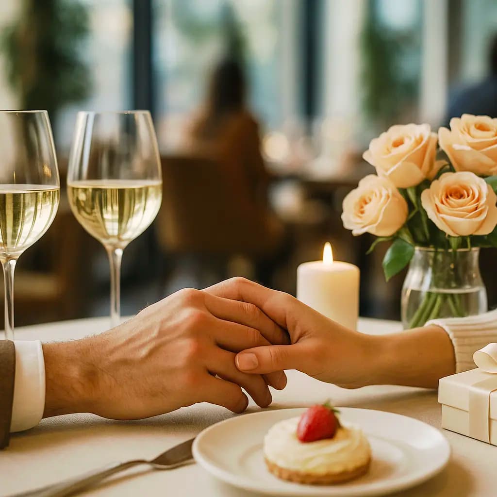 Couple celebrating anniversary with wine and gifts