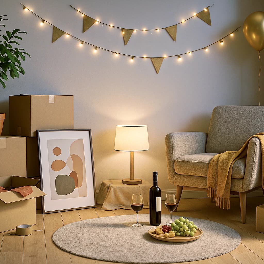 Happy couple unpacking boxes in their new apartment filled with plants and cozy decor