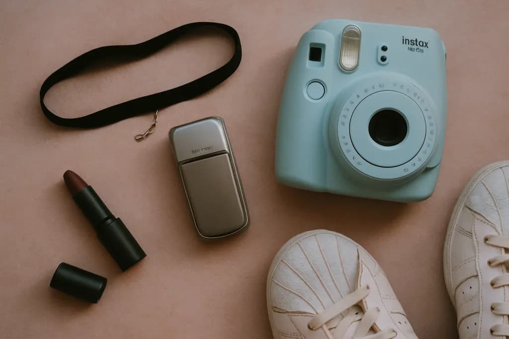 Раскладка вещей из 2016 года: чокер, раскладушка, камера Instax и матовая помада на розовом фоне