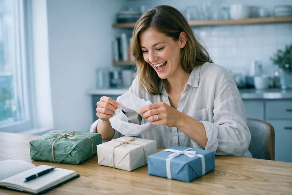 A wrapped birthday gift box with satin ribbon on a wooden table next to fresh flowers, a candle, and a coffee cup in warm morning light