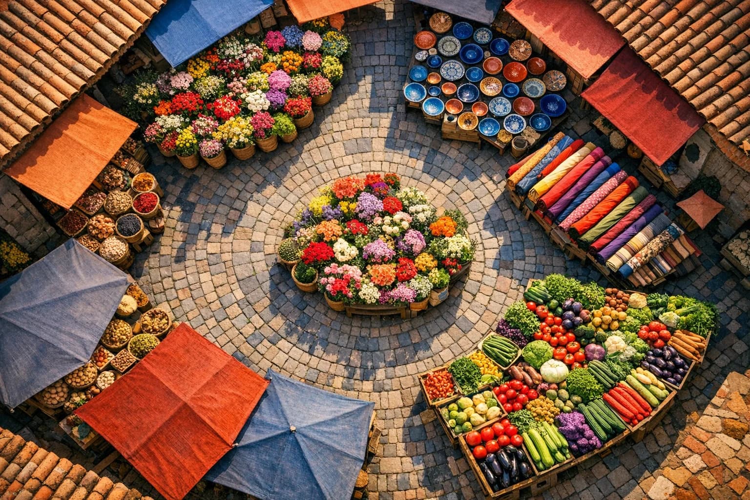 Aerial view of a colorful Mediterranean market with radiating stalls of flowers, ceramics, textiles, and produce on cobblestone