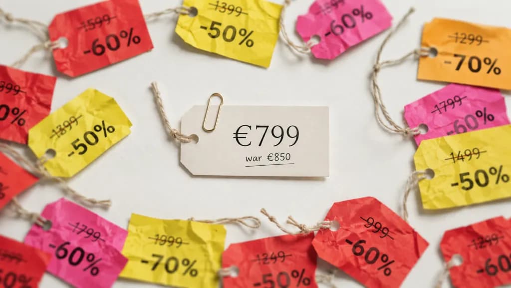 Bunte zerknitterte Rabatt-Preisschilder mit durchgestrichenen Preisen und großen Prozentangaben rund um ein einzelnes ruhiges cremefarbenes Preisschild mit der Aufschrift „€799, war €850"