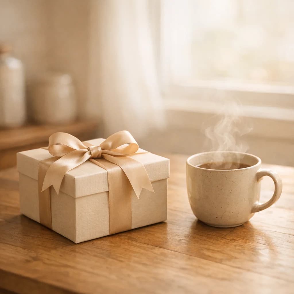 A wrapped gift box on a kitchen table next to a coffee cup in warm morning light