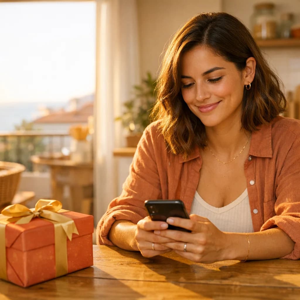 Mujer joven sonriendo mientras mira su móvil junto a un regalo envuelto en una cocina mediterránea con luz cálida