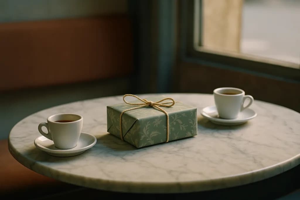 Pacco regalo avvolto in carta kraft su un tavolo da cucina con luce calda del mattino e una tazza di caffè