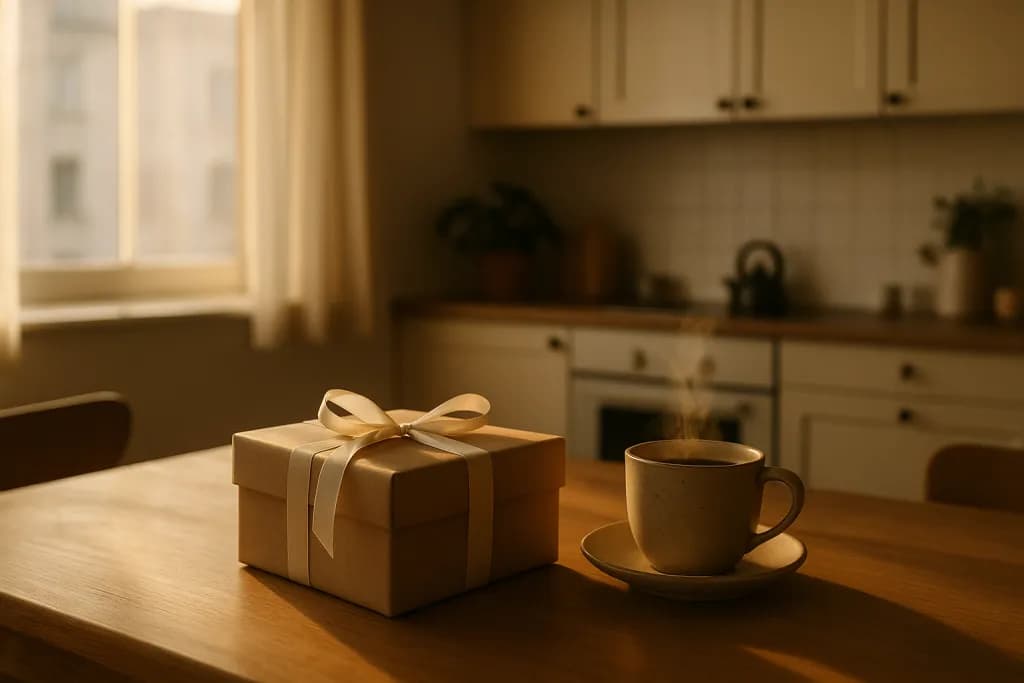 Завёрнутый подарок на кухонном столе рядом с чашкой кофе в тёплом утреннем свете