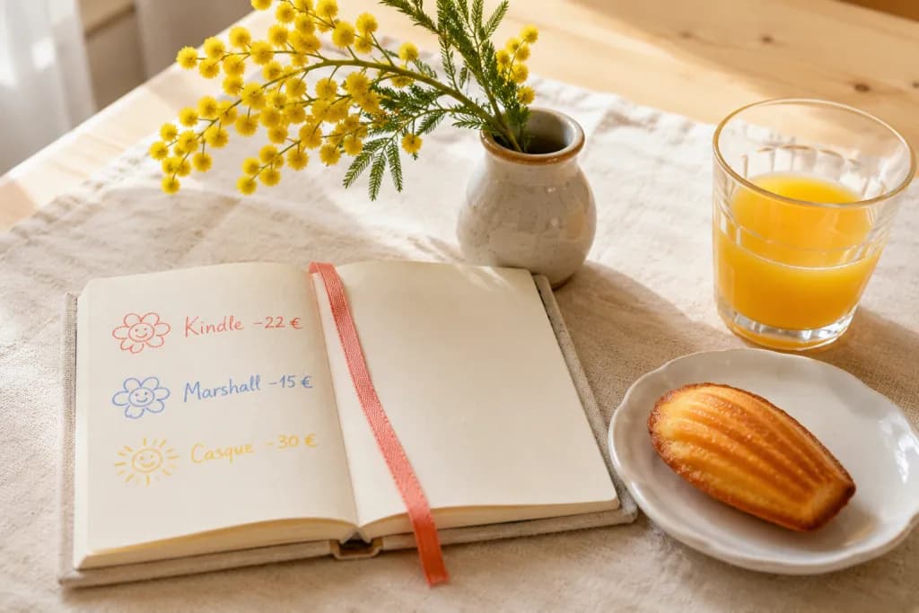 Petit carnet ouvert sur une table de petit-déjeuner ensoleillée, notes de baisses de prix écrites au crayon coloré avec de petits dessins joyeux, brin de mimosa jaune dans un vase, une madeleine et un verre de jus d'orange à côté