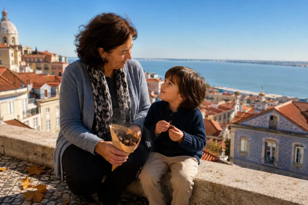 Avó e neto a partilhar castanhas assadas num miradouro de Lisboa, numa tarde soalheira de novembro