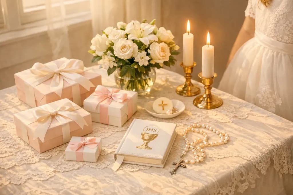 Stół komunijny z zapakowanymi prezentami, Biblią z symbolem IHS, różańcem i świecami