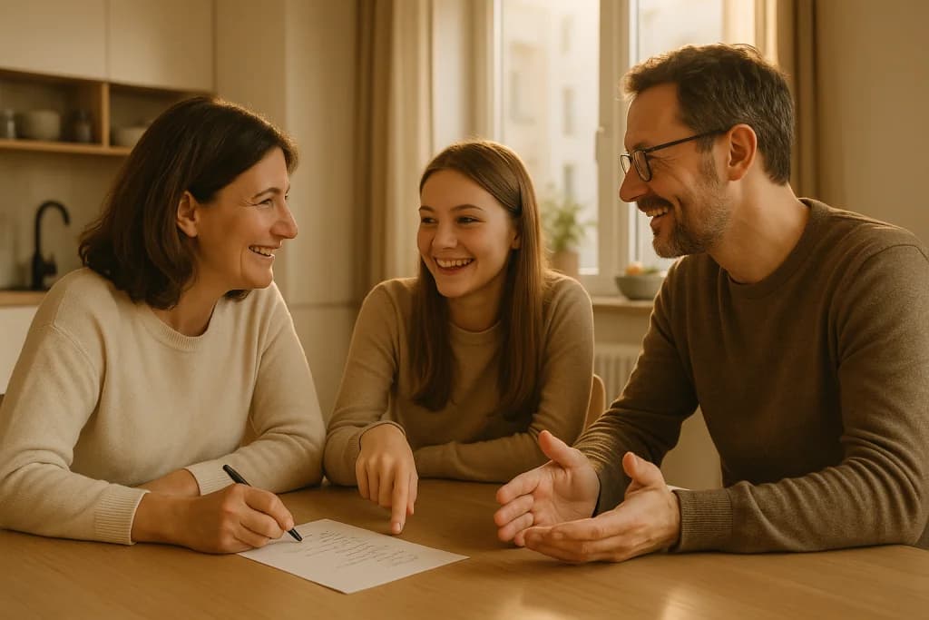 Geschenkboxen und eingepackte Pakete auf einem Holztisch mit Geschenkband und Packpapier