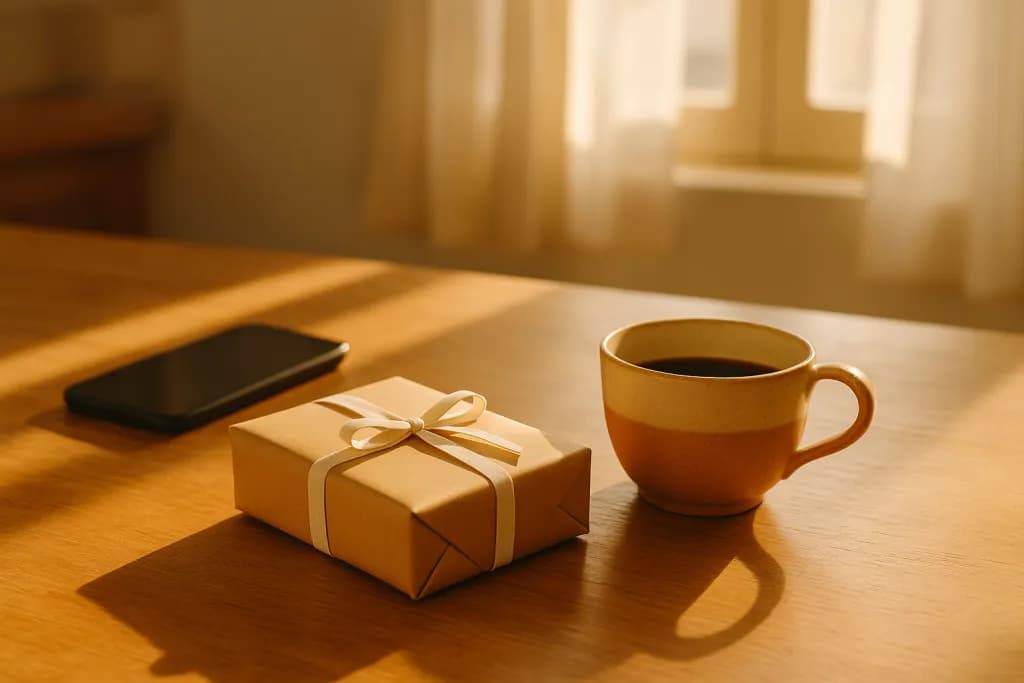 Mesa de cocina con un móvil boca abajo, un regalo envuelto y una taza de café bajo luz mediterránea de mañana