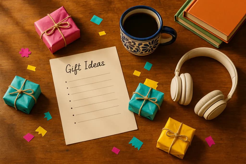 Lista de deseos con productos y links en un escritorio junto a una taza de café