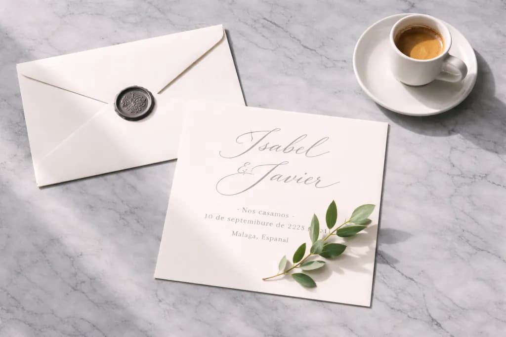 Invitación de boda con caligrafía sobre mármol gris junto a un sobre con sello de lacre, ramita de olivo y taza de espresso