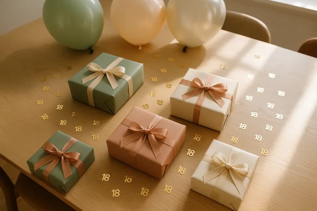 Zapakowane prezenty na 18 urodziny na stole obok dekoracji i balonów