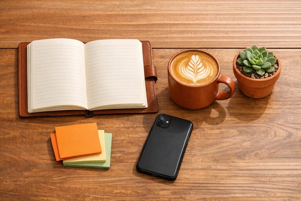 Lista de desejos com produtos e links sobre uma mesa de madeira com café e caderno