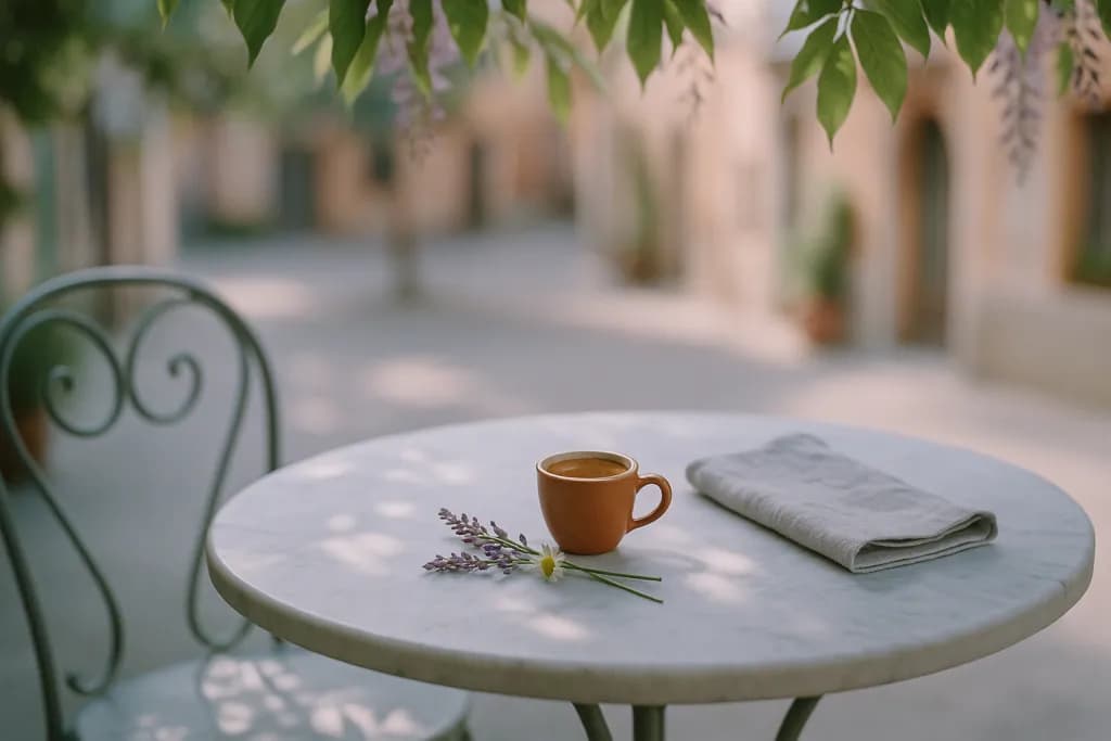 Tazzina di espresso su un tavolino all'aperto con rametto di fiori freschi e luce primaverile del mattino