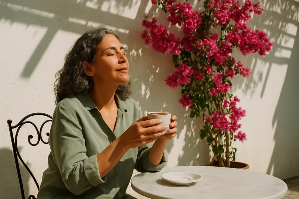 Mujer española disfrutando de un café en una terraza mediterránea con buganvillas, luz de mañana y sombras suaves
