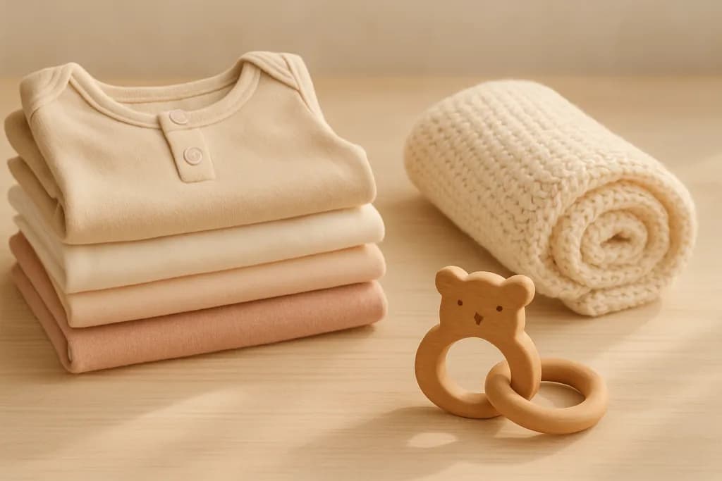 Складені дитячі речі, в'язана ковдра і дерев'яна іграшка на світлій поверхні у ранковому світлі