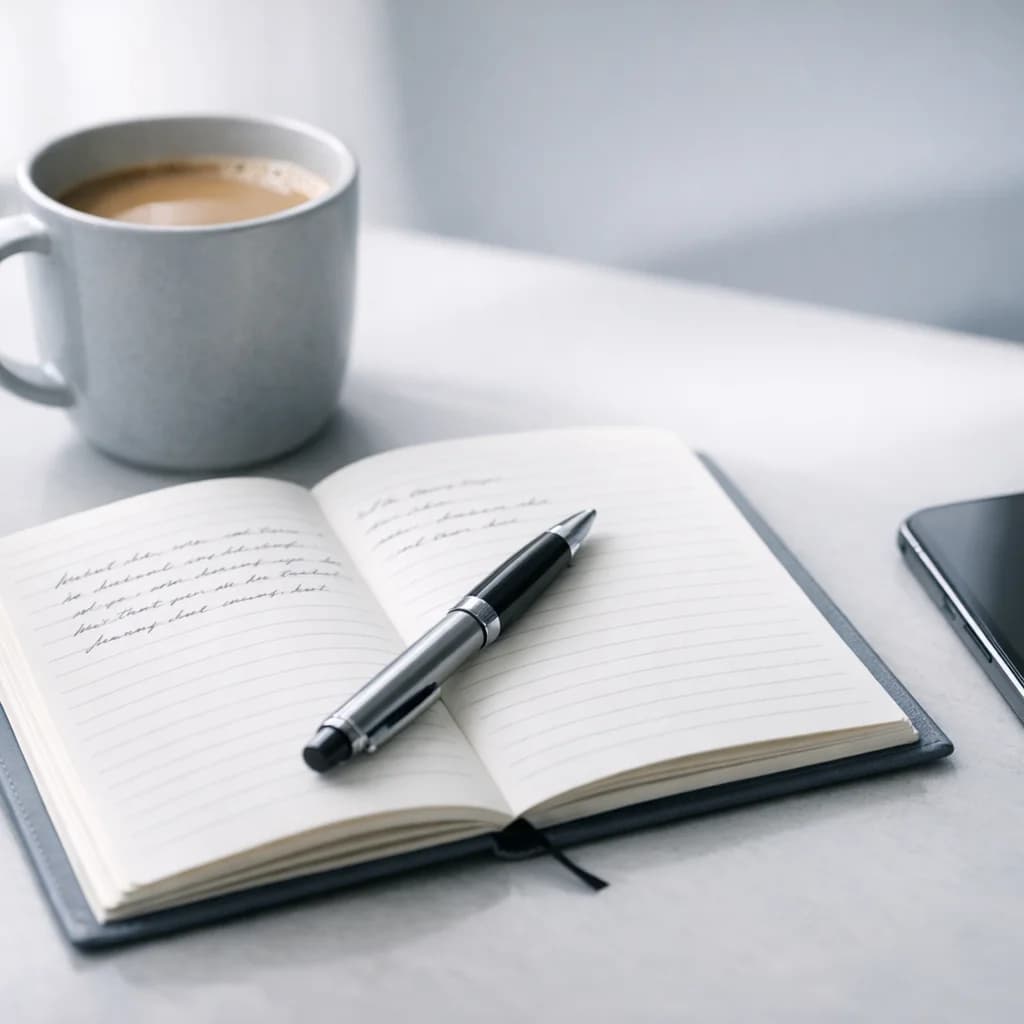 Notatnik i filiżanka kawy na biurku, planowanie listy życzeń online