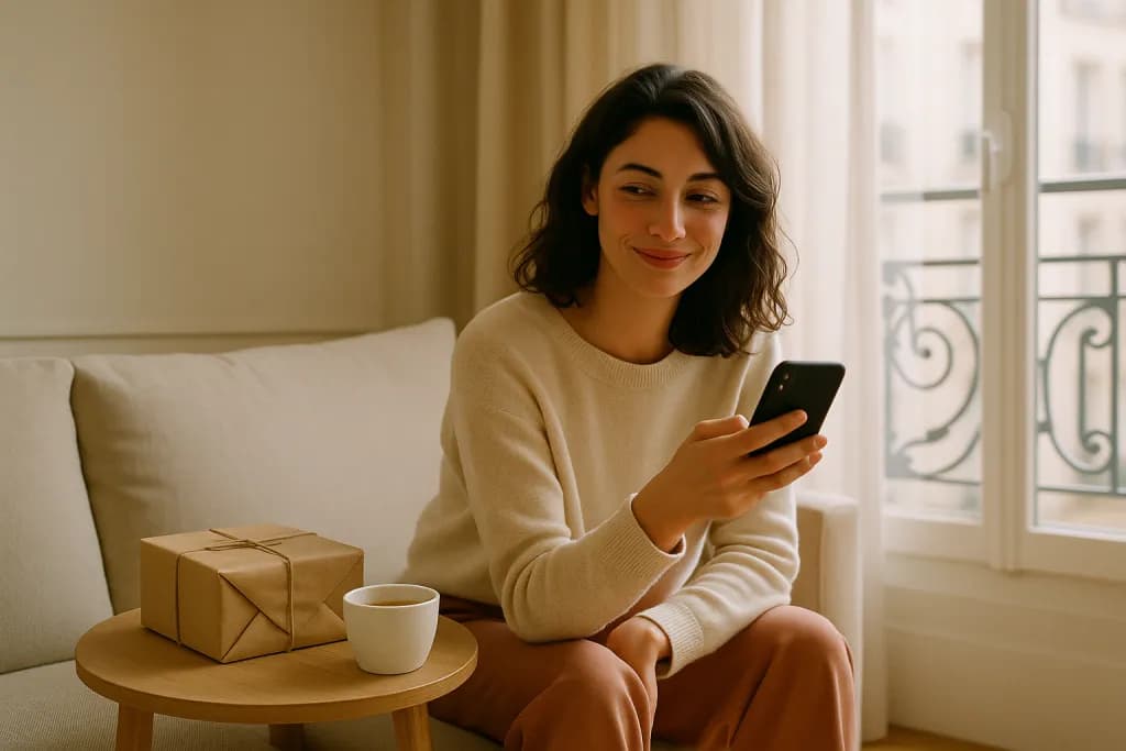 Femme souriante sur un canapé avec téléphone et cadeau emballé, lumière d'après-midi dans un appartement moderne
