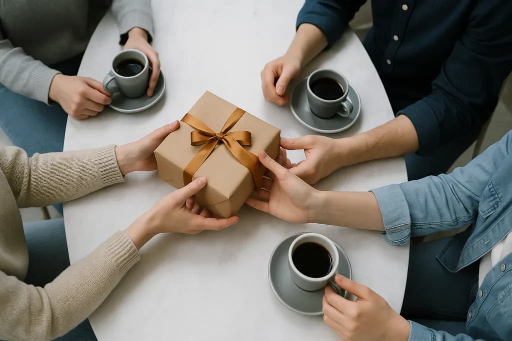 Руки друзів навколо столу в кафе з подарунком у крафтовому пакуванні та чашками кави, вигляд зверху
