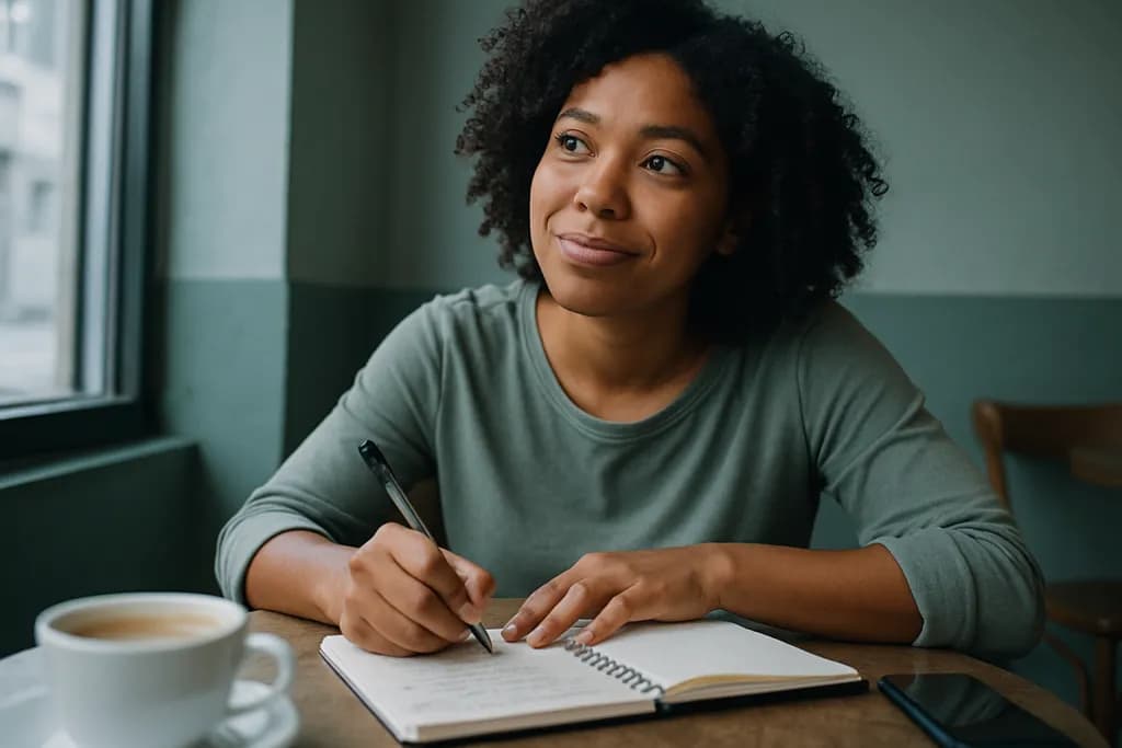Mulher brasileira escrevendo lista de desejos em caderno num café com iluminação natural