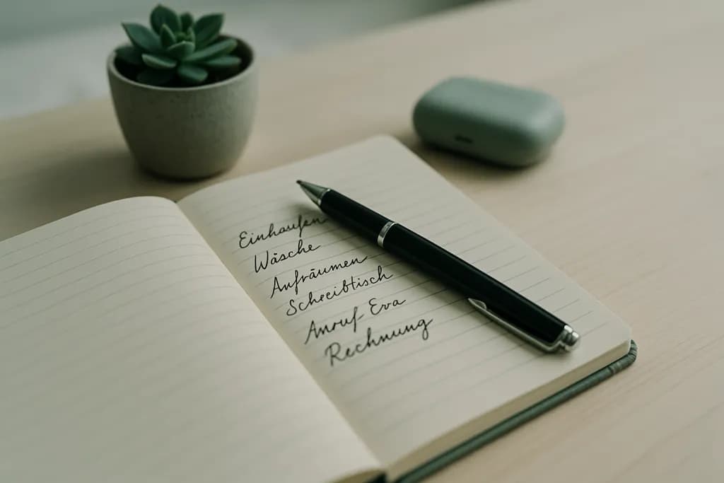 Offenes Notizbuch mit handgeschriebener Liste und Kugelschreiber auf hellem Holztisch neben Sukkulente und Kopfhörer-Etui