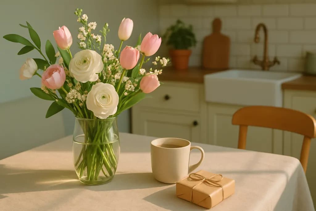 Blumenstrauß, Tasse Kaffee und eingepacktes Geschenk auf einem Küchentisch im warmen Morgenlicht zum Muttertag