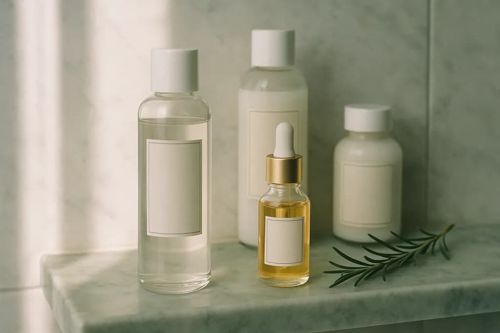 Flacons de sérums et soins visage sur une étagère en marbre vert, lumière du matin, esthétique pharmacie française