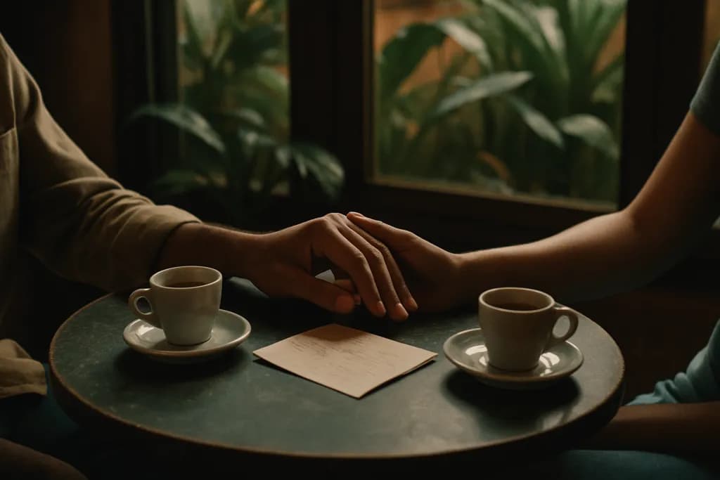 Mãos de casal se tocando sobre mesa de café com duas xícaras de espresso e bilhete, luz suave de tarde