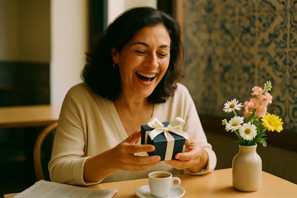 Mulher portuguesa a sorrir ao abrir uma prenda num café com azulejos, café e flores