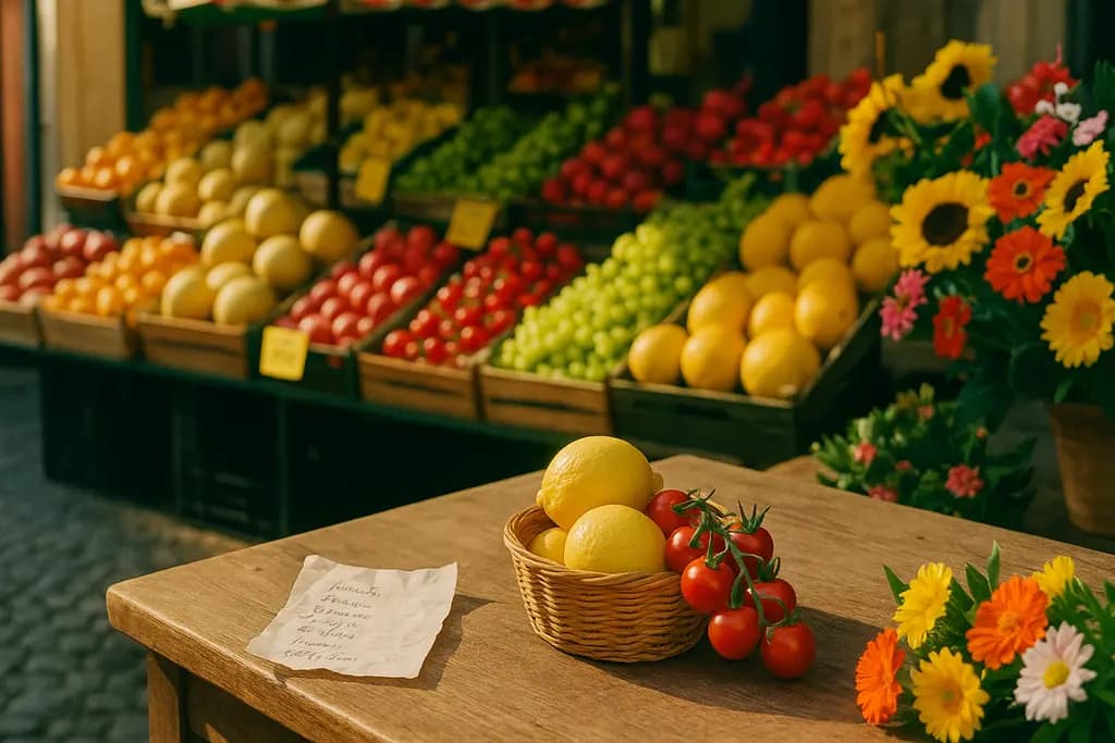 Bancarella di mercato italiano con limoni, pomodorini e fiori colorati, lista della spesa stropicciata sul bancone di legno