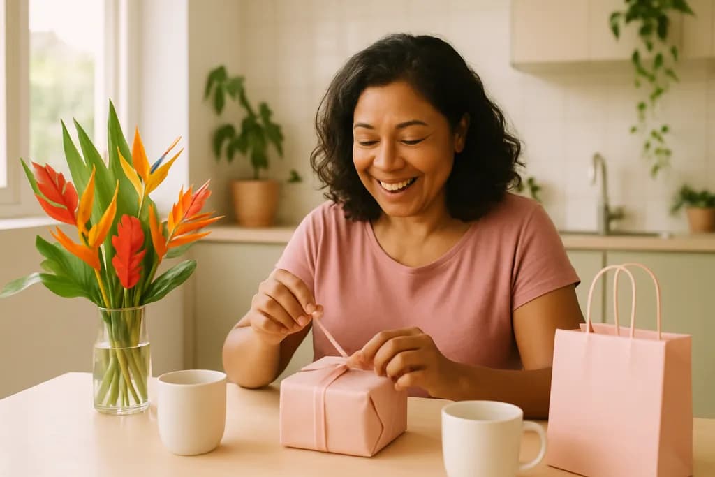 Mulher brasileira abrindo presente de Dia das Mães em cozinha moderna com flores tropicais