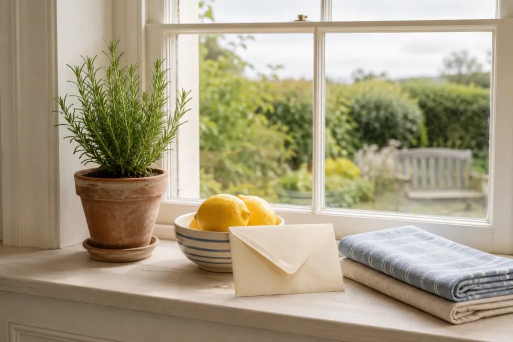 A pale British kitchen windowsill in soft morning light with a thriving rosemary plant in a terracotta pot, a chambray-blue dish of fresh lemons, folded linen tea towels and a cream envelope, with a green back garden visible beyond the sash window