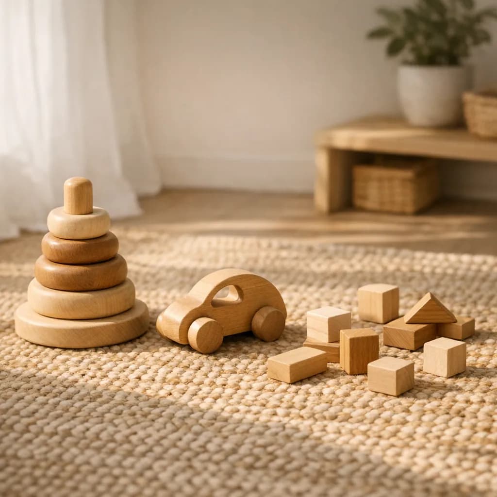 Кілька дерев'яних іграшок на теплому килимі в дитячій кімнаті з м'яким ранковим світлом