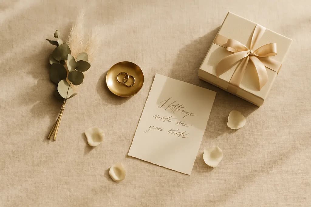Elegancki stół z bukietem suszonych kwiatów, obrączkami i zapakowanym prezentem ślubnym