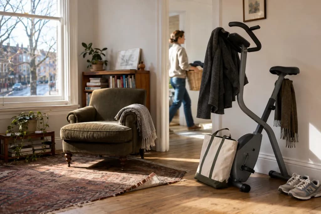 A brand-new folding exercise bike standing unused in the corner of a living room with a coat slung over its handlebars