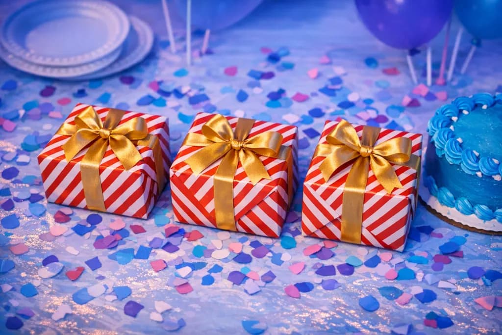 Três presentes idênticos embrulhados lado a lado numa mesa de aniversário infantil com confete e bolo ao fundo