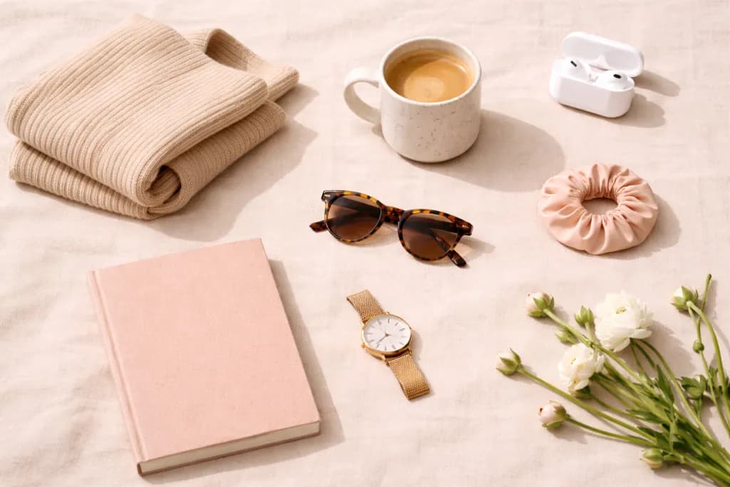 Hände schreiben in ein Notizbuch an einem minimalistischen Schreibtisch mit Smartphone, Wasserglas und Sukkulente im Seitenlicht