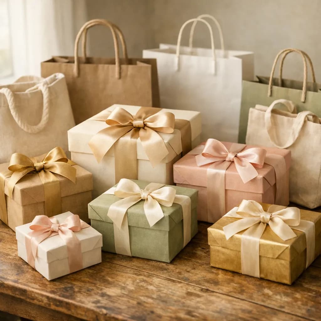 Geschenkboxen und Einkaufstaschen verschiedener Onlineshops auf einem Holztisch