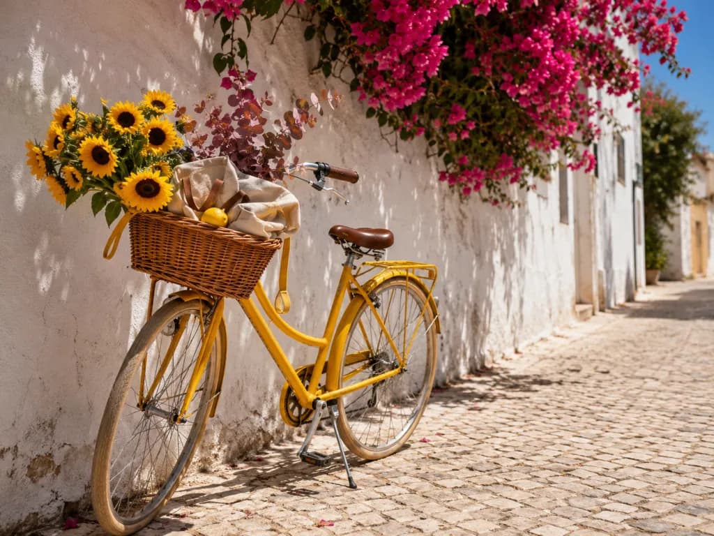 Bicicleta vintage amarela com cesto de girassóis encostada a parede caiada com buganvílias numa rua de Lisboa ao sol
