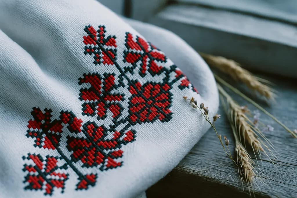 Рукав вишиванки з червоно-чорним геометричним орнаментом на дерев'яному підвіконні у природному світлі поруч із сухими колосками пшениці