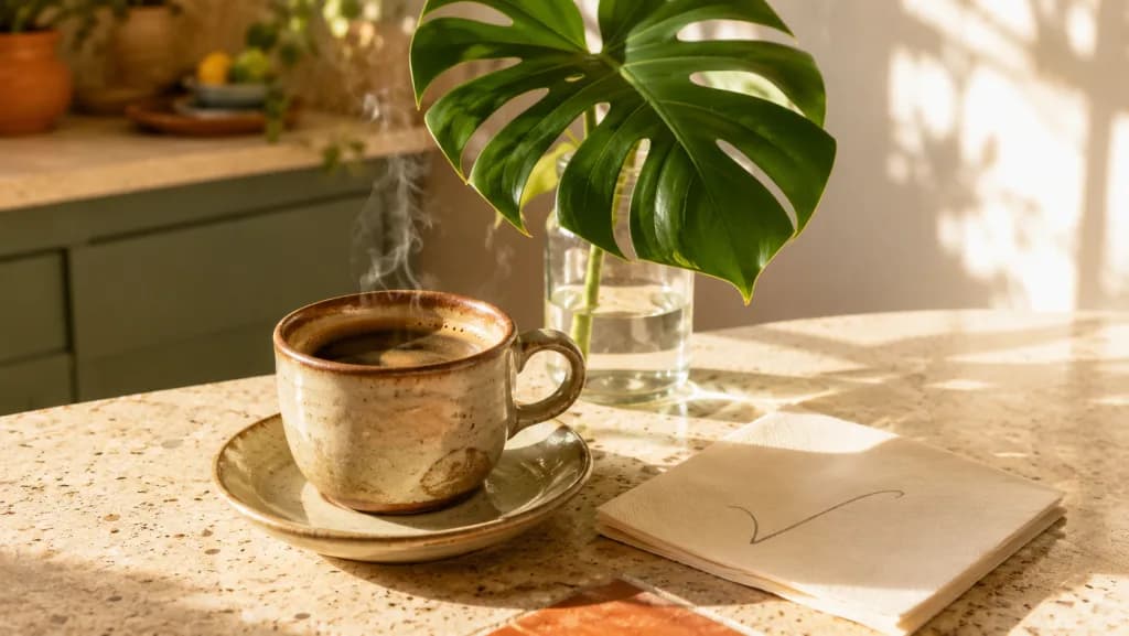 Cafezinho fresco com vapor sobre bancada clara, folha de costela-de-adão em vaso de vidro ao lado e um pequeno bilhete com uma marca feliz desenhada a lápis, em luz dourada de fim de manhã numa cozinha brasileira