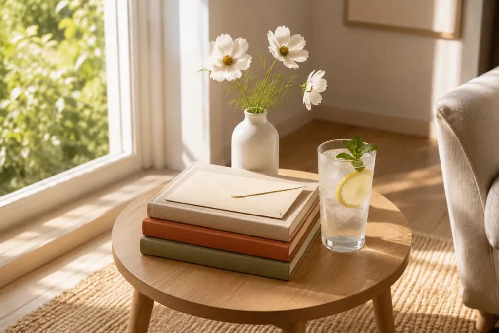 A sunlit side-table with a stack of three blank-spine art books, a vase of white cosmos flowers, a cream envelope and a glass of iced lemon-mint water, in a bright airy living room with fresh green leaves visible beyond the window