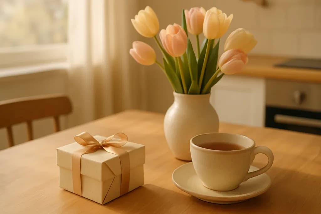 Букет весняних квітів, загорнутий подарунок і чашка чаю на кухонному столі в теплому ранковому світлі
