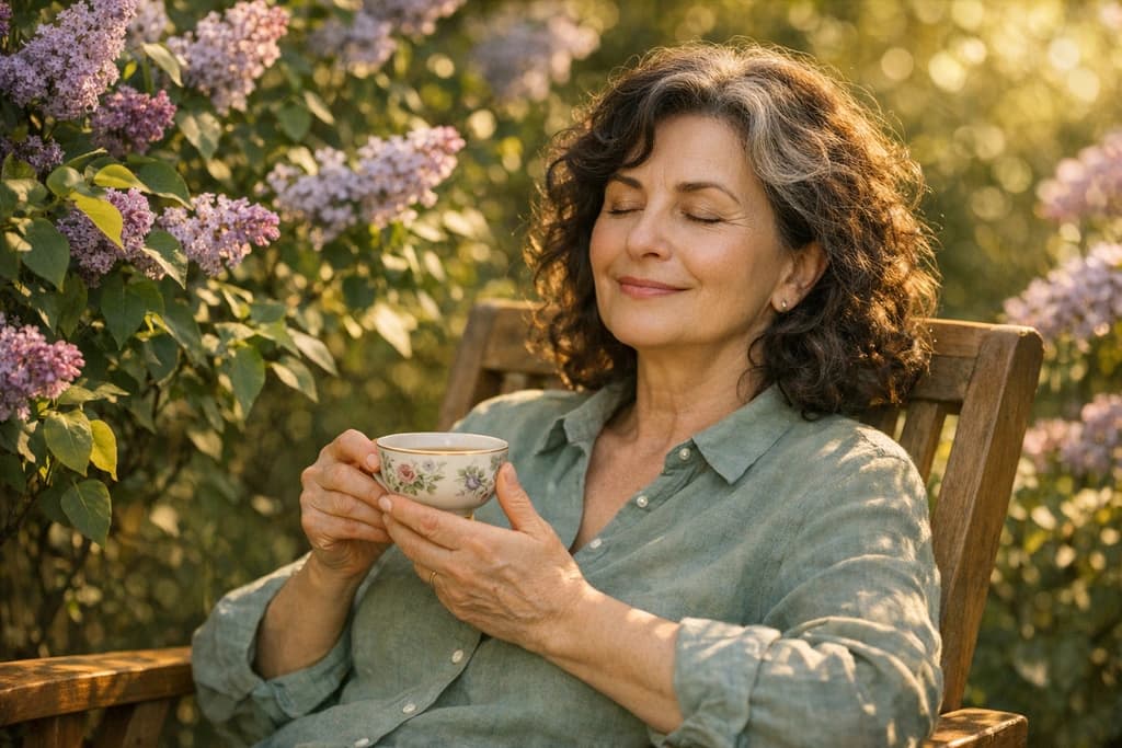 Uśmiechnięta kobieta z zamkniętymi oczami siedzi w ogrodowym fotelu wśród kwitnących bzów, trzymając filiżankę herbaty w ciepłym popołudniowym świetle
