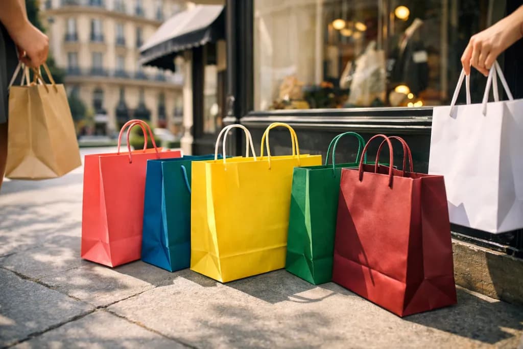 Sacs shopping colorés alignés sur un trottoir parisien devant une vitrine de boutique, façade haussmannienne en arrière-plan