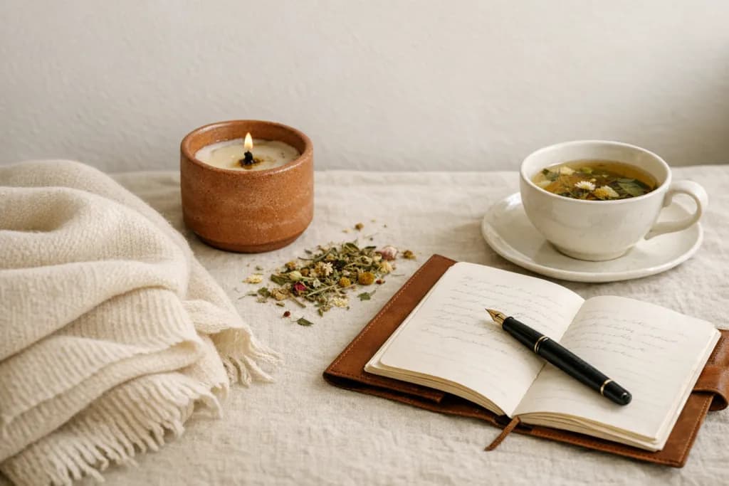 Кашемірова хустка, свічка в глиняному підсвічнику, чашка трав'яного чаю та шкіряний блокнот на лляній серветці