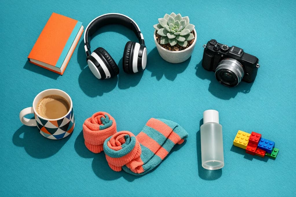 Itens de lista de desejos: livro, fone, planta, câmera e xícara sobre fundo azul