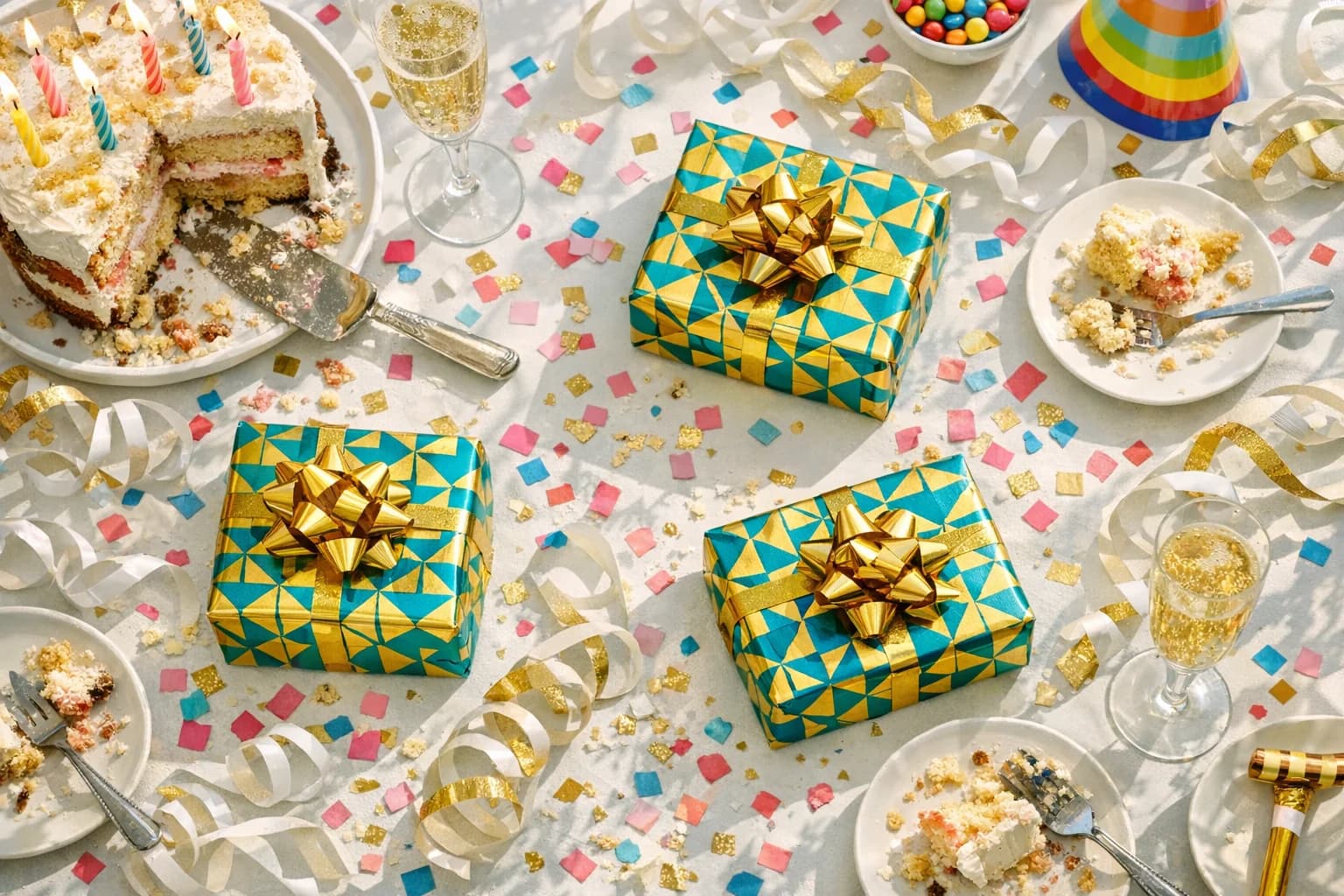 Three identical teal-and-gold wrapped gifts on a birthday party table with confetti, cake, and champagne glasses